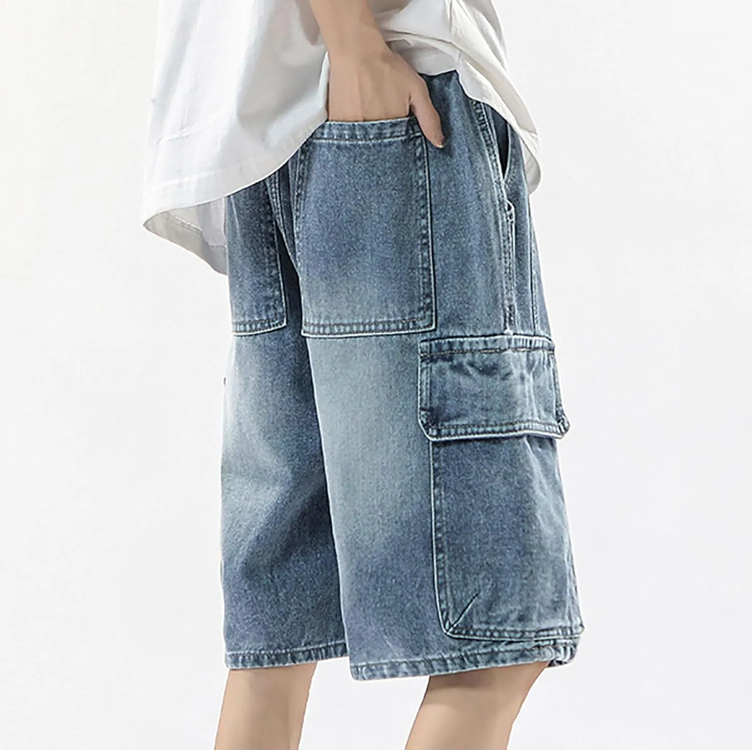 Men's Loose Y2K Hip Hop Mid Jean Shorts Work Denim Shorts with Pockets Casual Summer Streetwear Clothes