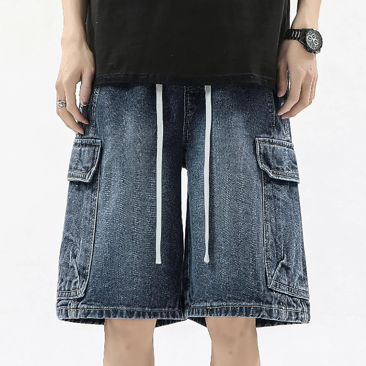 Men's Loose Y2K Hip Hop Mid Jean Shorts Work Denim Shorts with Pockets Casual Summer Streetwear Clothes