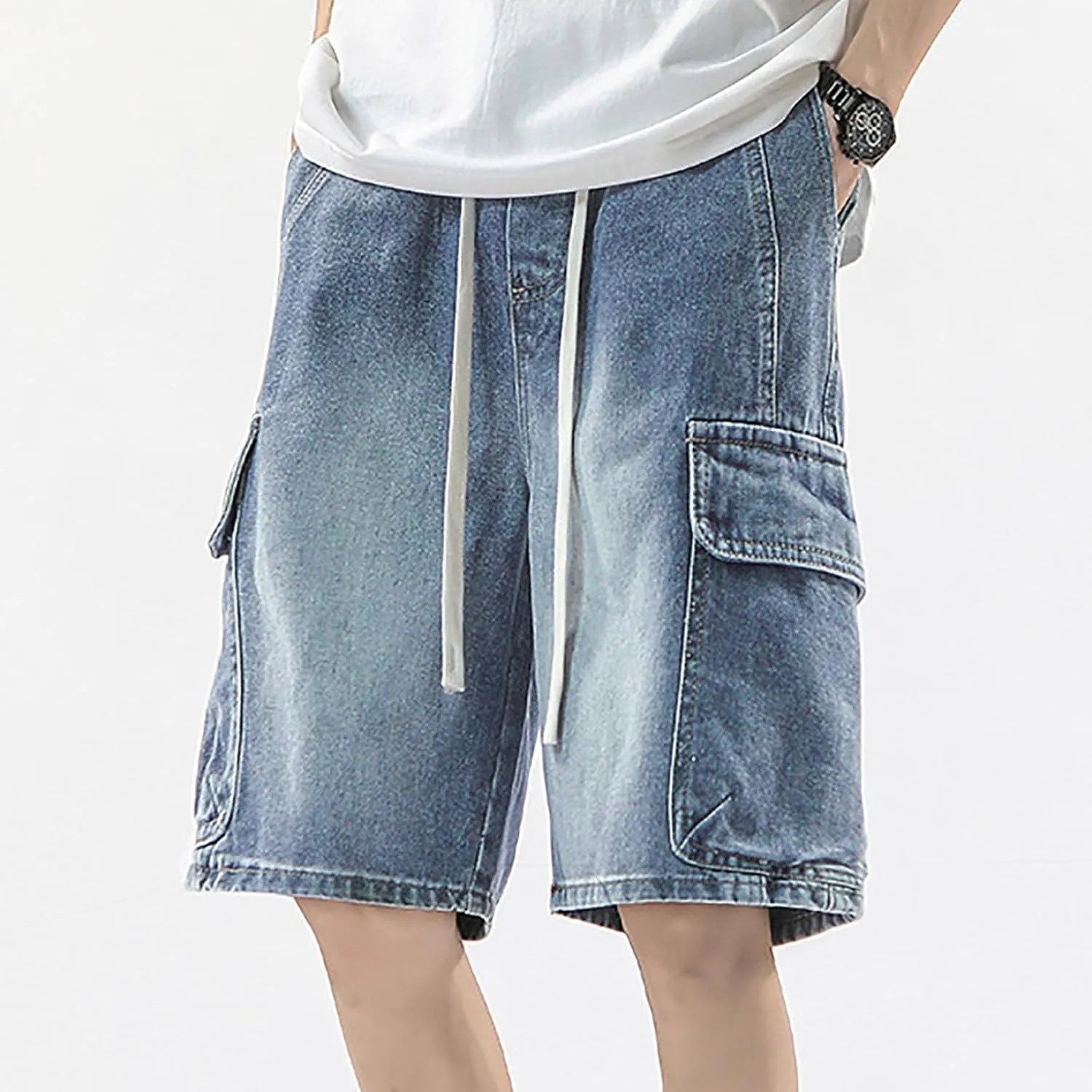 Men's Loose Y2K Hip Hop Mid Jean Shorts Work Denim Shorts with Pockets Casual Summer Streetwear Clothes