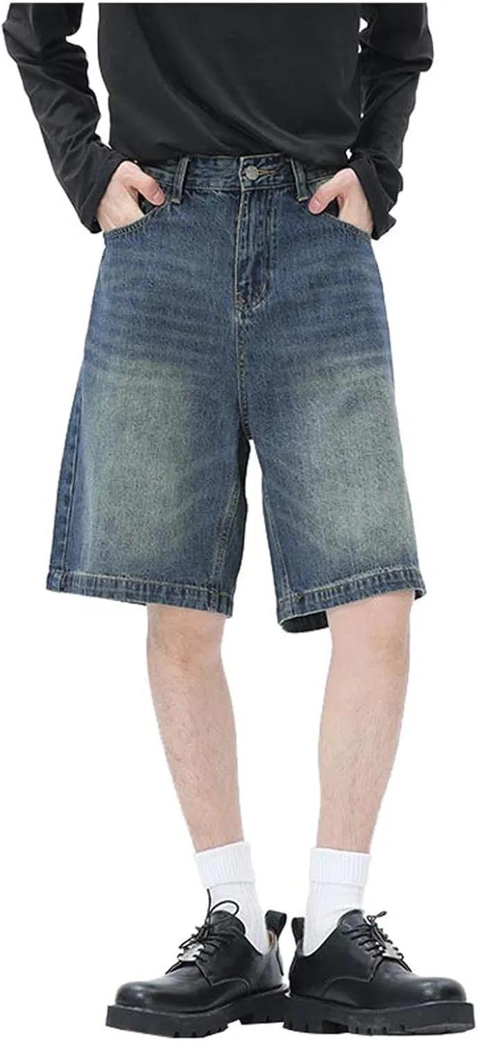 Men's Loose Y2K Hip Hop Mid Jean Shorts Work Denim Shorts with Pockets Casual Summer Streetwear Clothes