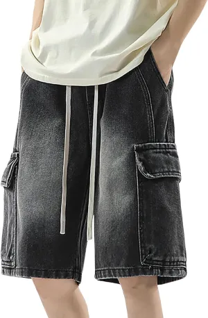 Men's Loose Y2K Hip Hop Mid Jean Shorts Work Denim Shorts with Pockets Casual Summer Streetwear Clothes