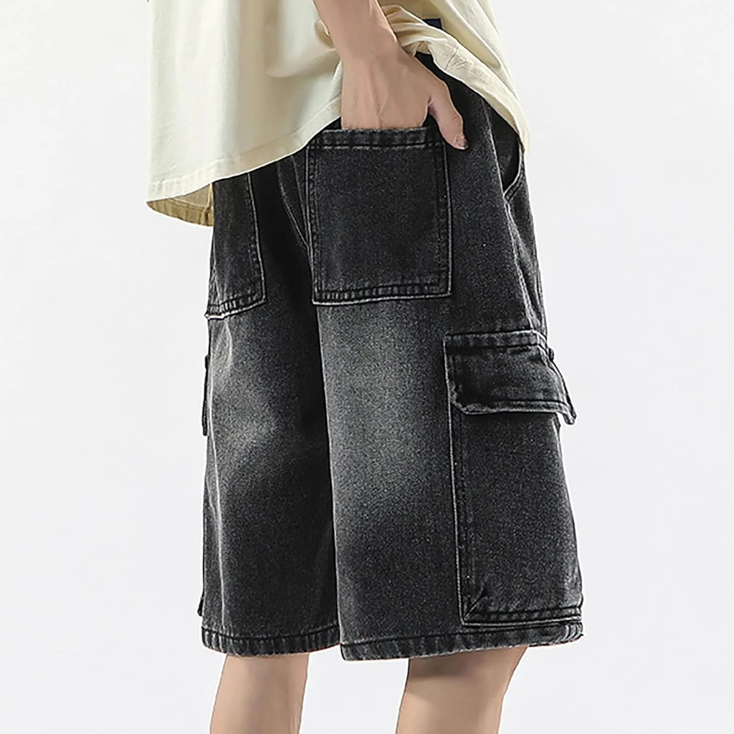 Men's Loose Y2K Hip Hop Mid Jean Shorts Work Denim Shorts with Pockets Casual Summer Streetwear Clothes