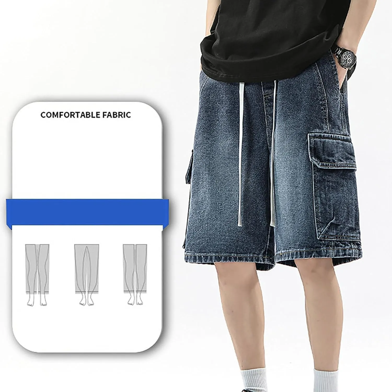 Men's Loose Y2K Hip Hop Mid Jean Shorts Work Denim Shorts with Pockets Casual Summer Streetwear Clothes