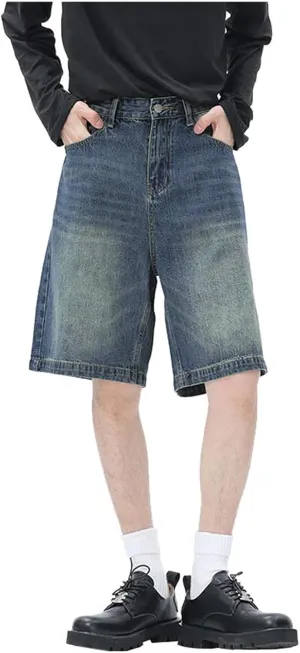 Men's Loose Y2K Hip Hop Mid Jean Shorts Work Denim Shorts with Pockets Casual Summer Streetwear Clothes