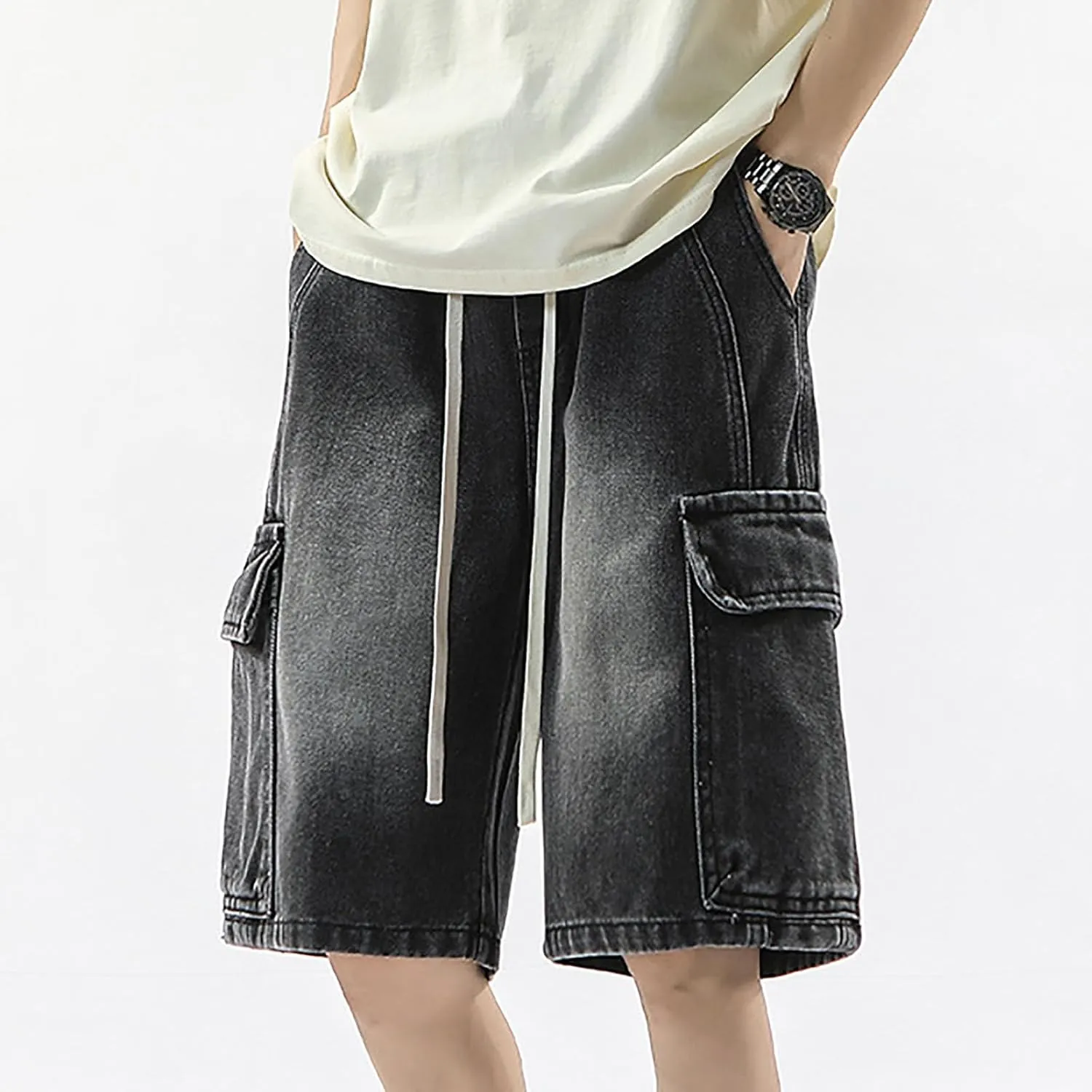 Men's Loose Y2K Hip Hop Mid Jean Shorts Work Denim Shorts with Pockets Casual Summer Streetwear Clothes