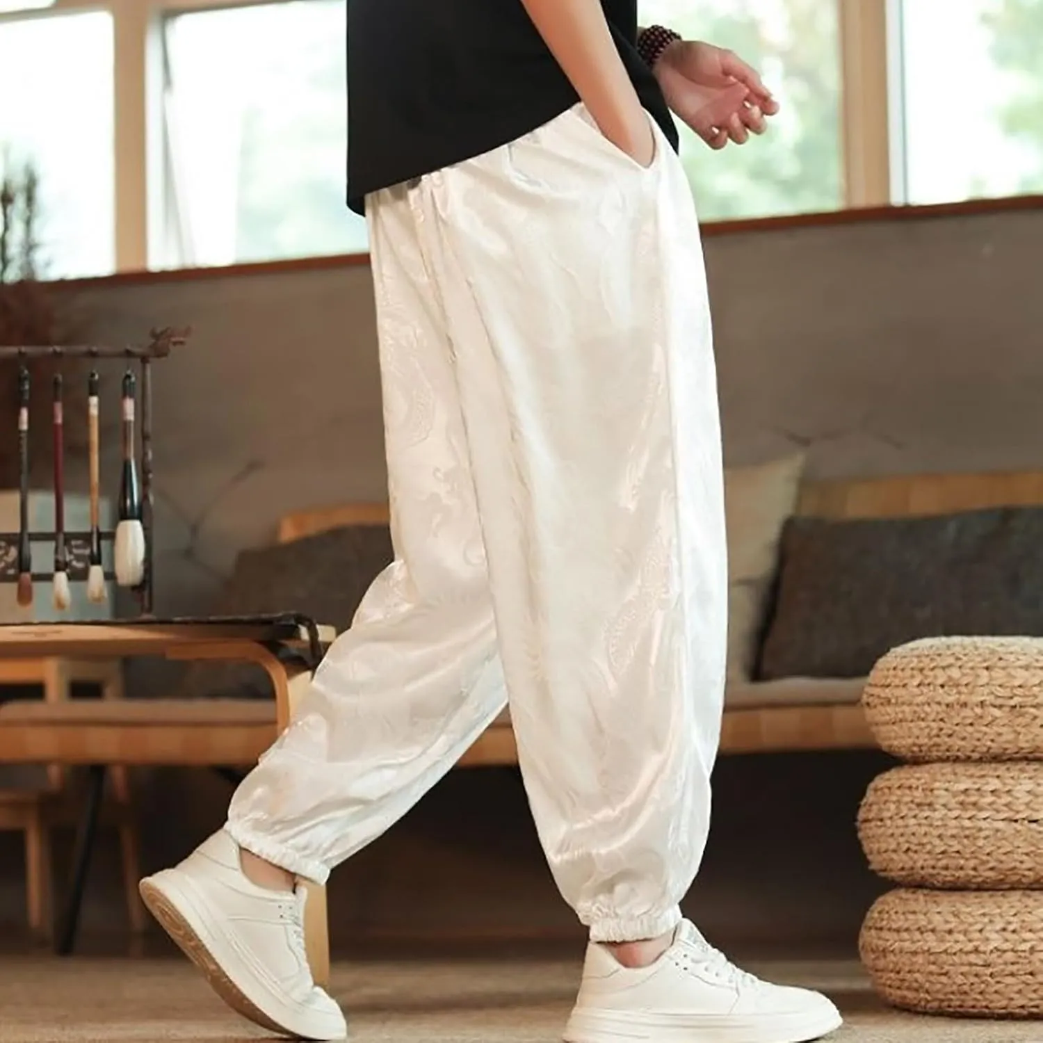 Mens Satin Harem Jogger Pants Paisley Silk Lounge Pajama Bottoms Big and Tall Western Cowboy Beach Yoga Pants