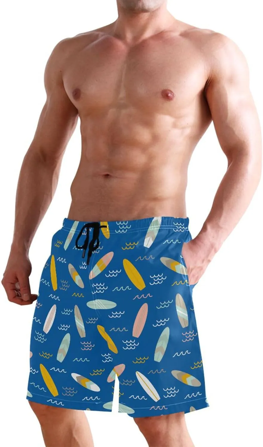 Men's Swim Trunks Quick Dry Swimming Shorts with Pocket Summer Surfboards Pattern Swimsuit Trunks