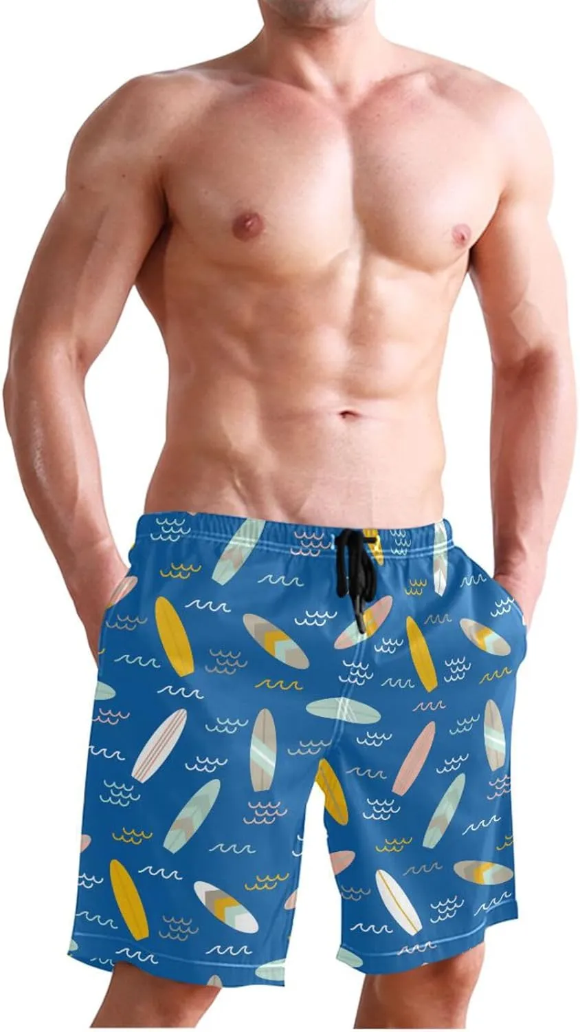 Men's Swim Trunks Quick Dry Swimming Shorts with Pocket Summer Surfboards Pattern Swimsuit Trunks