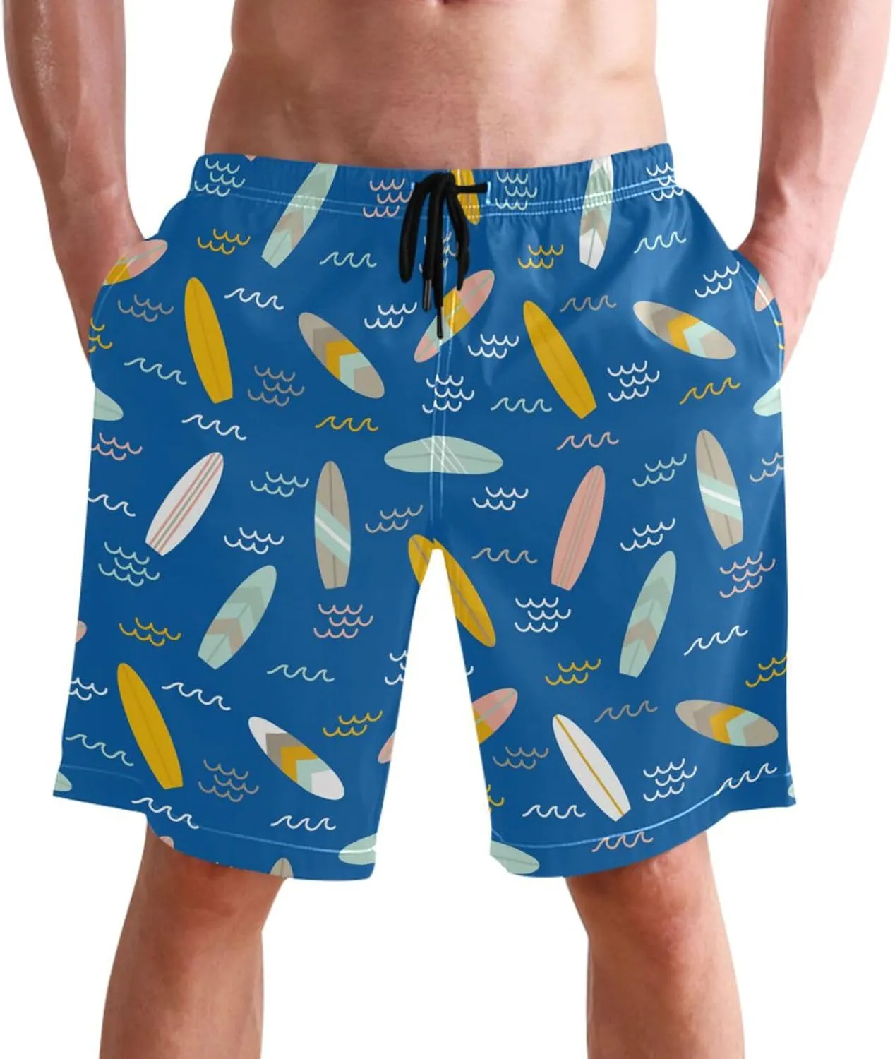 Men's Swim Trunks Quick Dry Swimming Shorts with Pocket Summer Surfboards Pattern Swimsuit Trunks