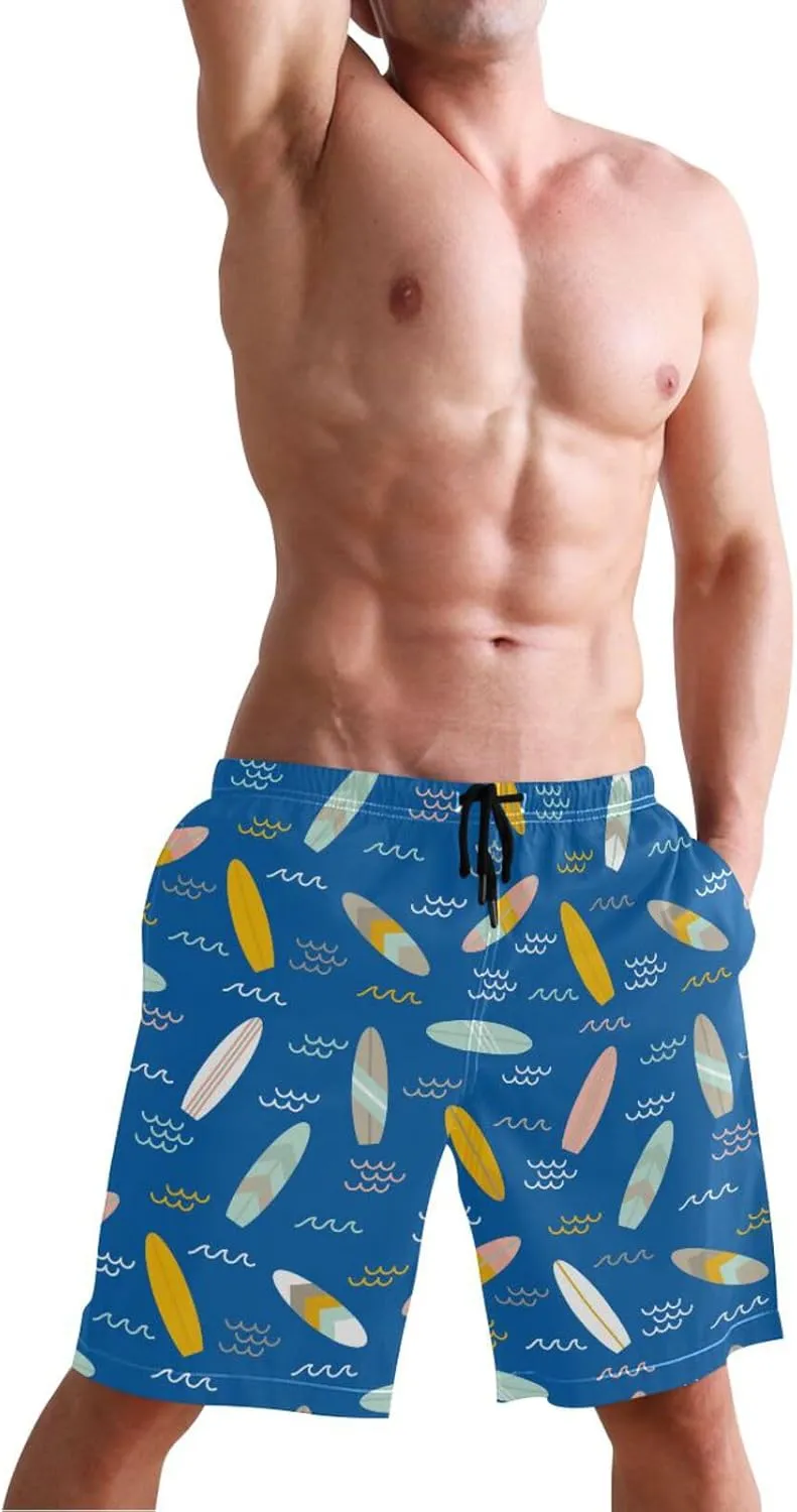 Men's Swim Trunks Quick Dry Swimming Shorts with Pocket Summer Surfboards Pattern Swimsuit Trunks