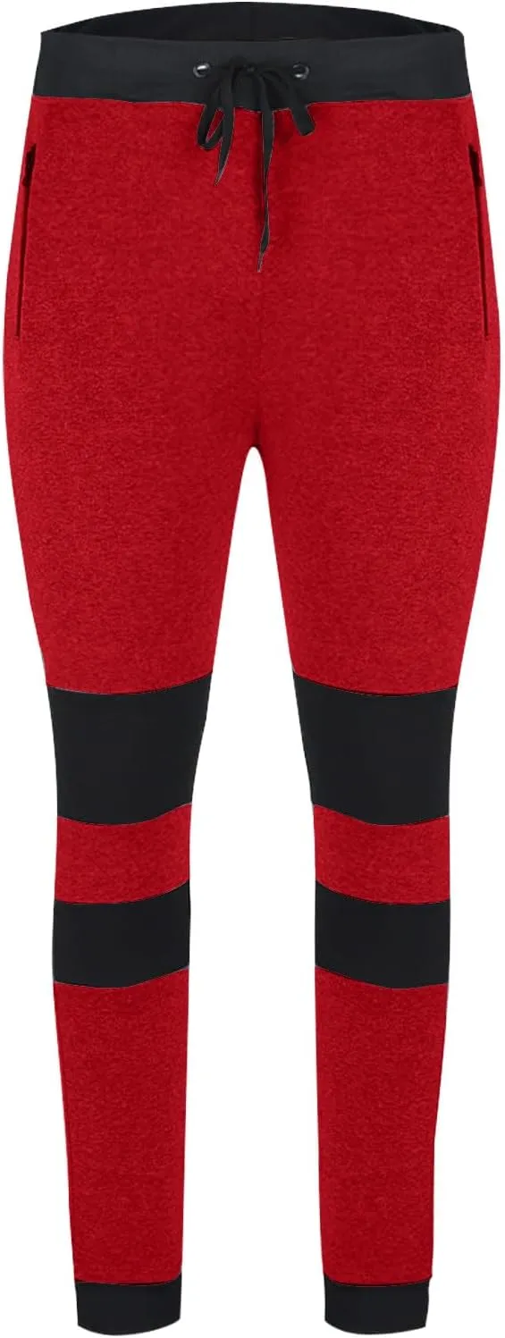Mens Warm Fleece Lined Athletic Sweatpants Closed Bottom Joggers Fashion Color Block Drawstring Pants with Pockets