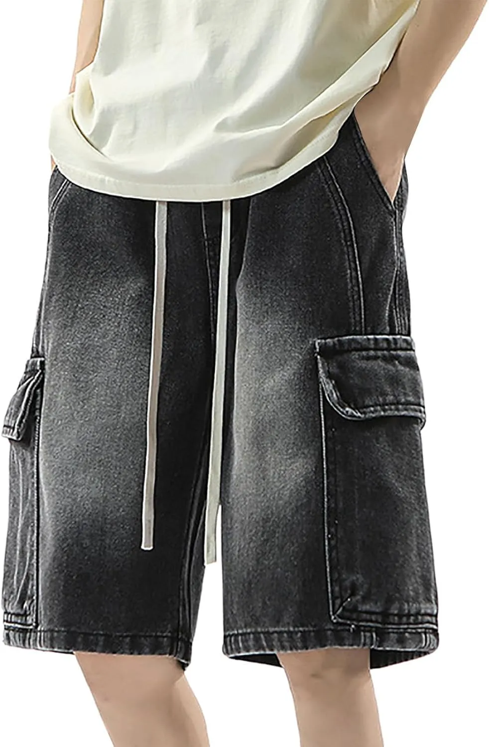Men's Wide Leg Y2K Hip Hop Mid Jean Shorts Work Denim Shorts with Pockets Casual Summer Trendy Outfits