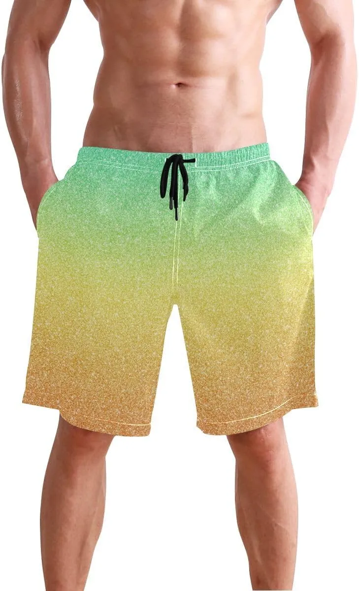 ODAWA Green Gradient Swimming Trunks for Men Quick Dry Mens' Swim Trunks with Mesh Liner