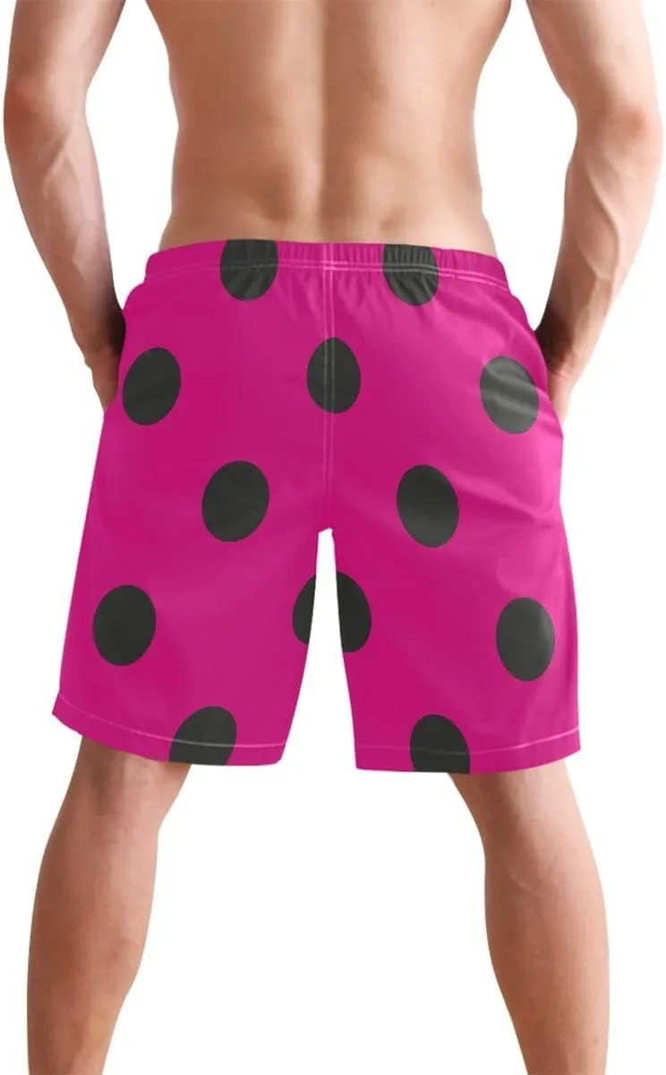 ODAWA Hot Pink Polka Dots Breathable Men's Board Shorts Quick Dry Men's Bathing Suit with Mesh Liner
