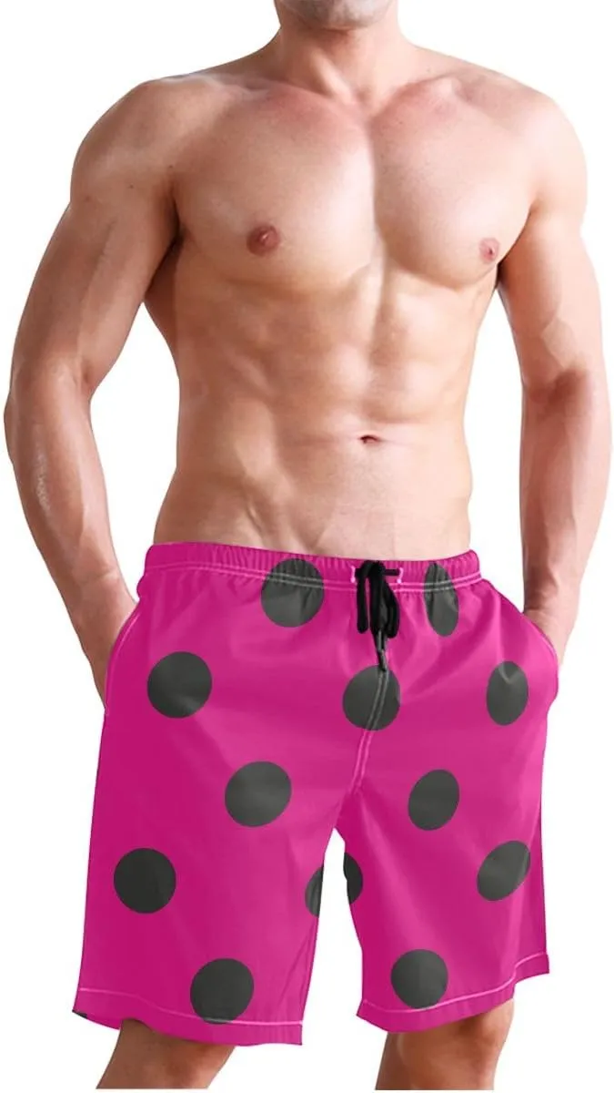 ODAWA Hot Pink Polka Dots Breathable Men's Board Shorts Quick Dry Men's Bathing Suit with Mesh Liner
