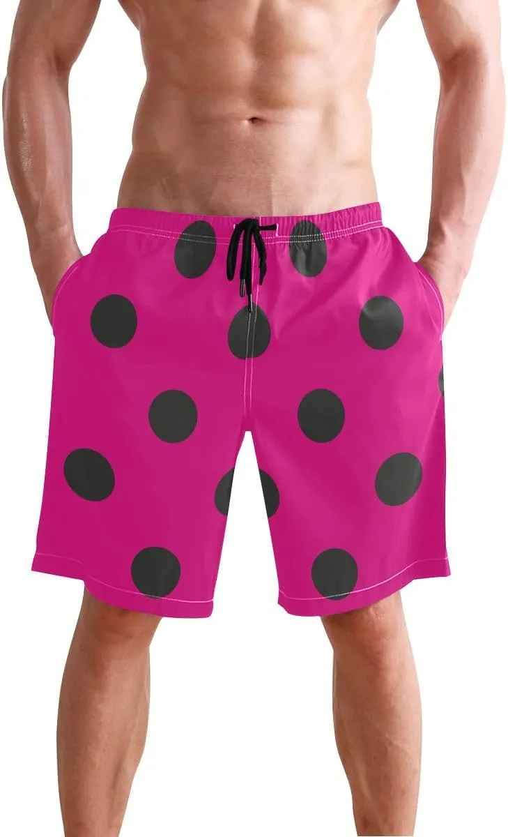 ODAWA Hot Pink Polka Dots Breathable Men's Board Shorts Quick Dry Men's Bathing Suit with Mesh Liner