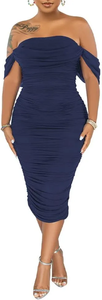 PINSV Women Ruched Off Shoulder Dress Bodycon Party Elegant Midi Dresses