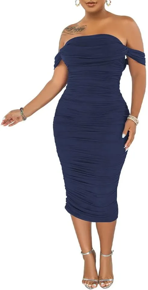 PINSV Women Ruched Off Shoulder Dress Bodycon Party Elegant Midi Dresses