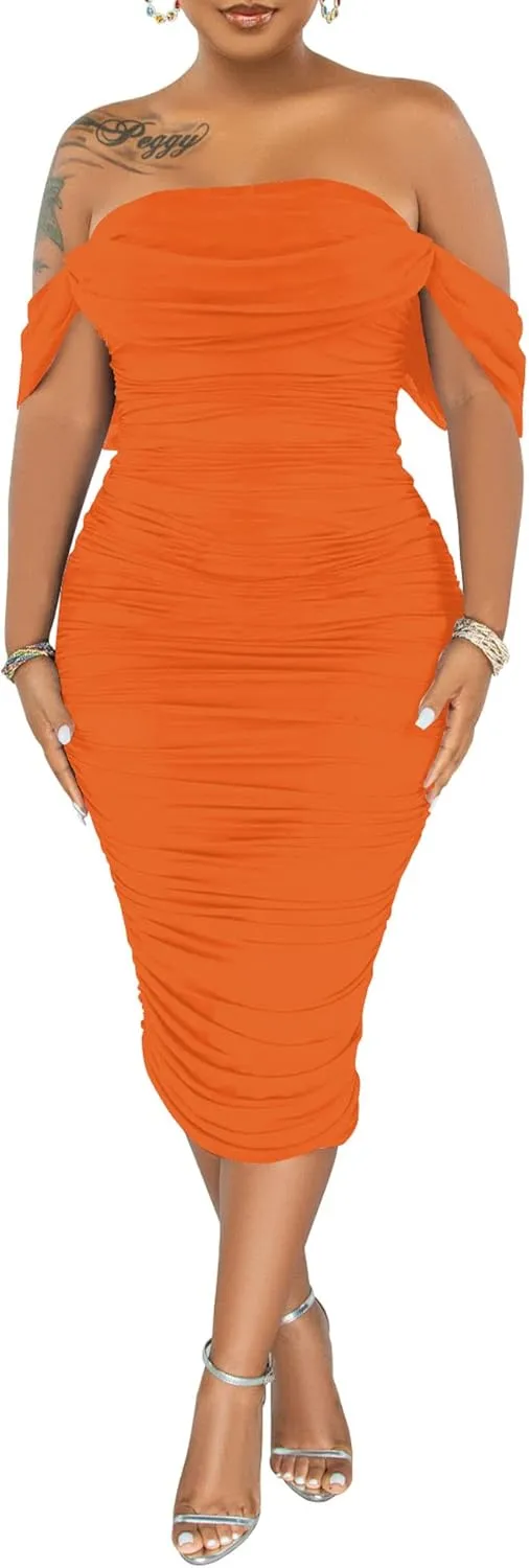 PINSV Women Ruched Off Shoulder Dress Bodycon Party Elegant Midi Dresses