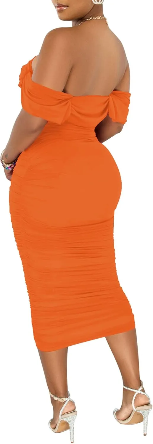 PINSV Women Ruched Off Shoulder Dress Bodycon Party Elegant Midi Dresses