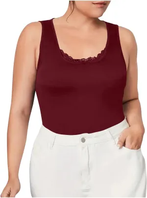 Plus Size Fitted Camisole for Women, Lace Trim U Neck Tank Tops Soft Stretch Cami Shirts Sleeveless Basic Undershrit