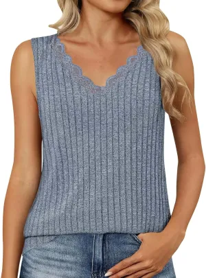 Plus Size Tank Top for Women Lace Kintting V Neck Blouse Summer Daily Sleeveless Shirt Solid Color Tee