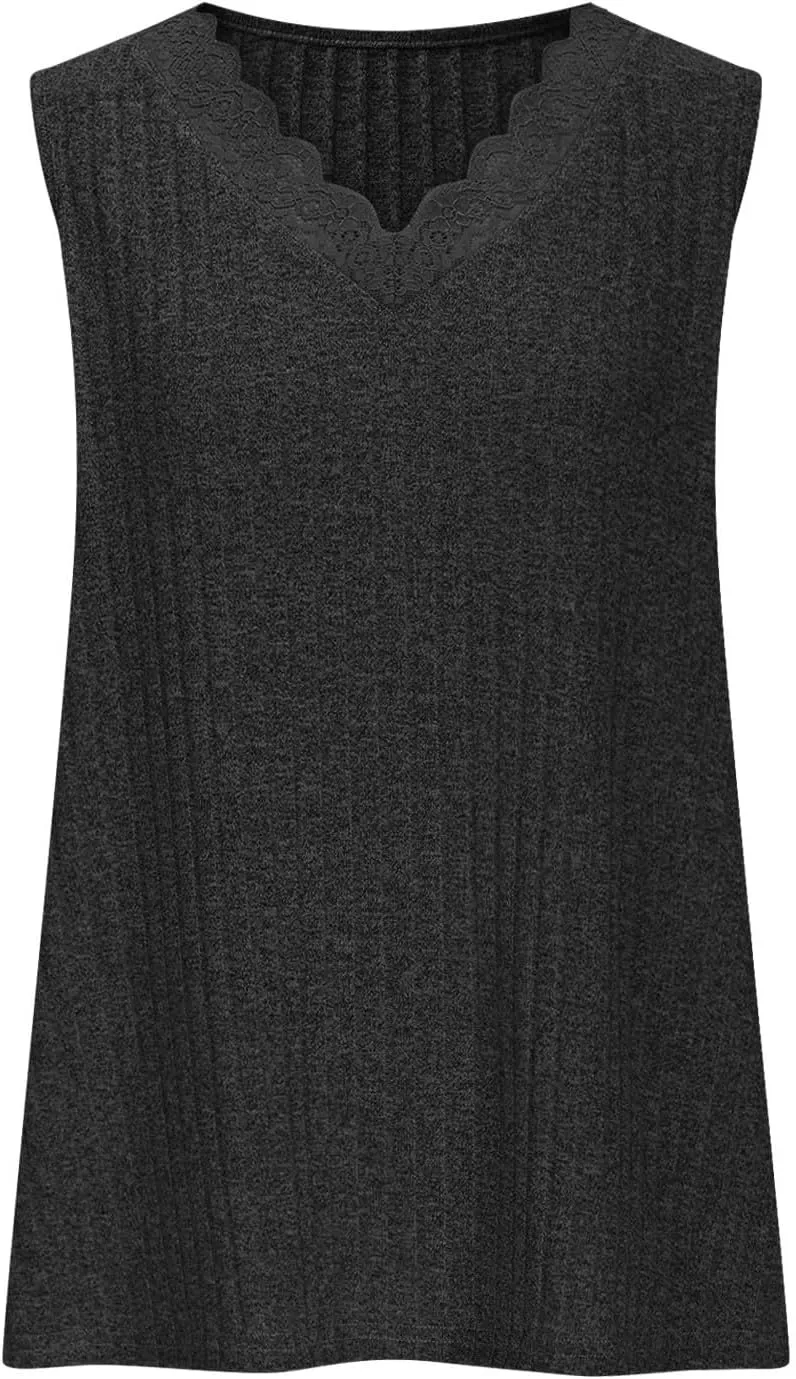 Plus Size Tank Top for Women Lace Kintting V Neck Blouse Summer Daily Sleeveless Shirt Solid Color Tee
