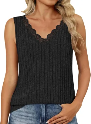 Plus Size Tank Top for Women Lace Kintting V Neck Blouse Summer Daily Sleeveless Shirt Solid Color Tee