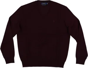 POLO RALPH LAUREN Mens Merino Wool V-Neck Sweater (X-Small, Rich Ruby Heather)