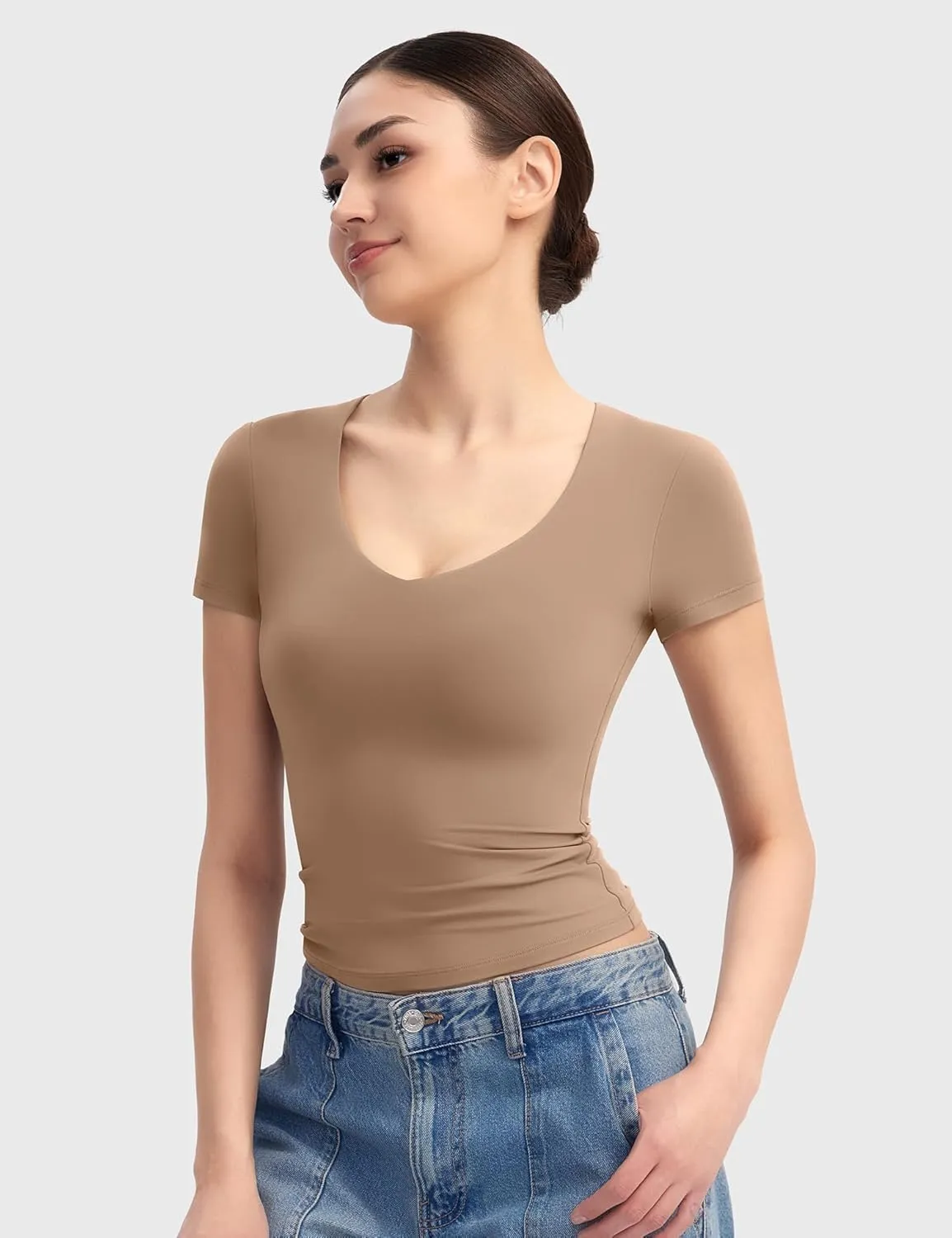 PUMIEY Women's V Neck Short Sleeve T Shirts Slim Fit Going Out Tops Sexy Basic Tee Sharp Collection