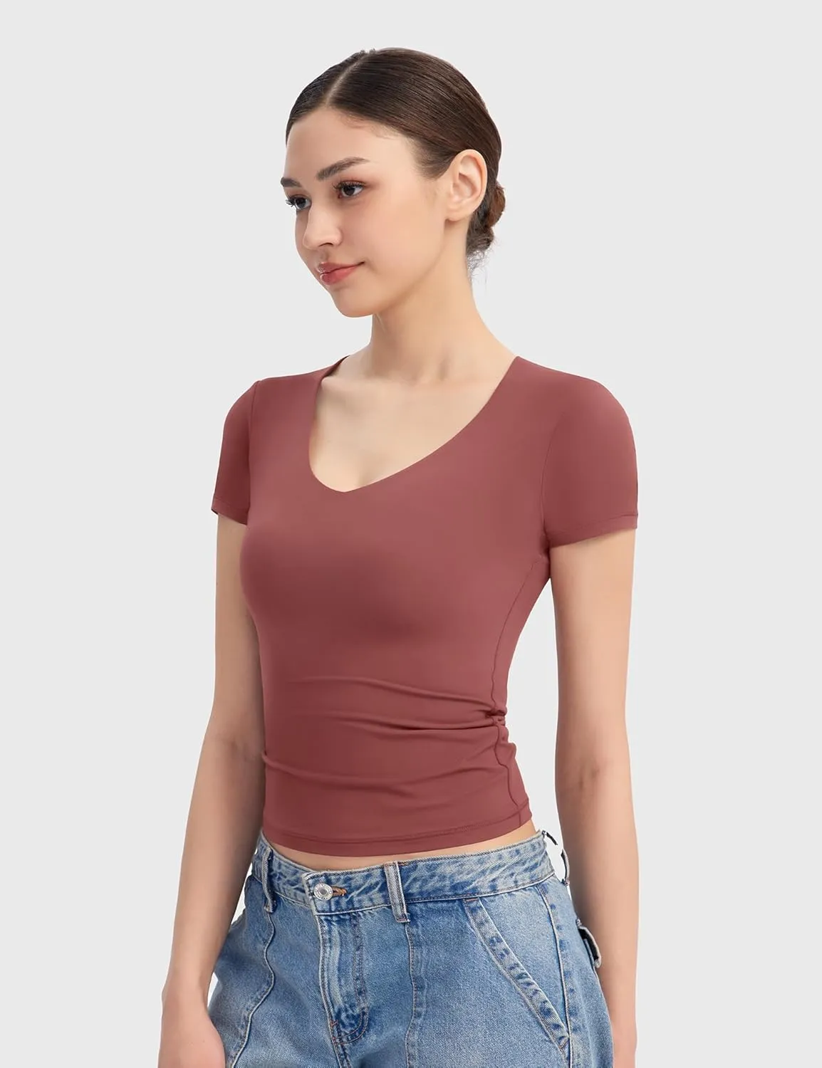 PUMIEY Women's V Neck Short Sleeve T Shirts Slim Fit Going Out Tops Sexy Basic Tee Sharp Collection