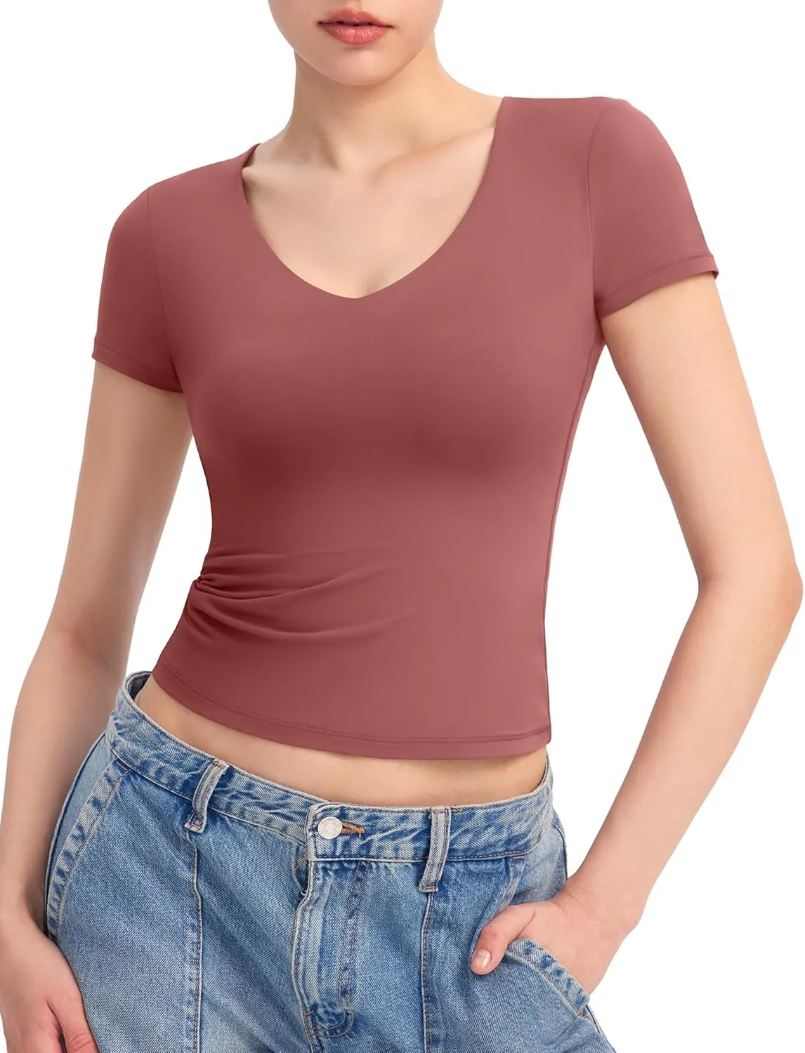 PUMIEY Women's V Neck Short Sleeve T Shirts Slim Fit Going Out Tops Sexy Basic Tee Sharp Collection