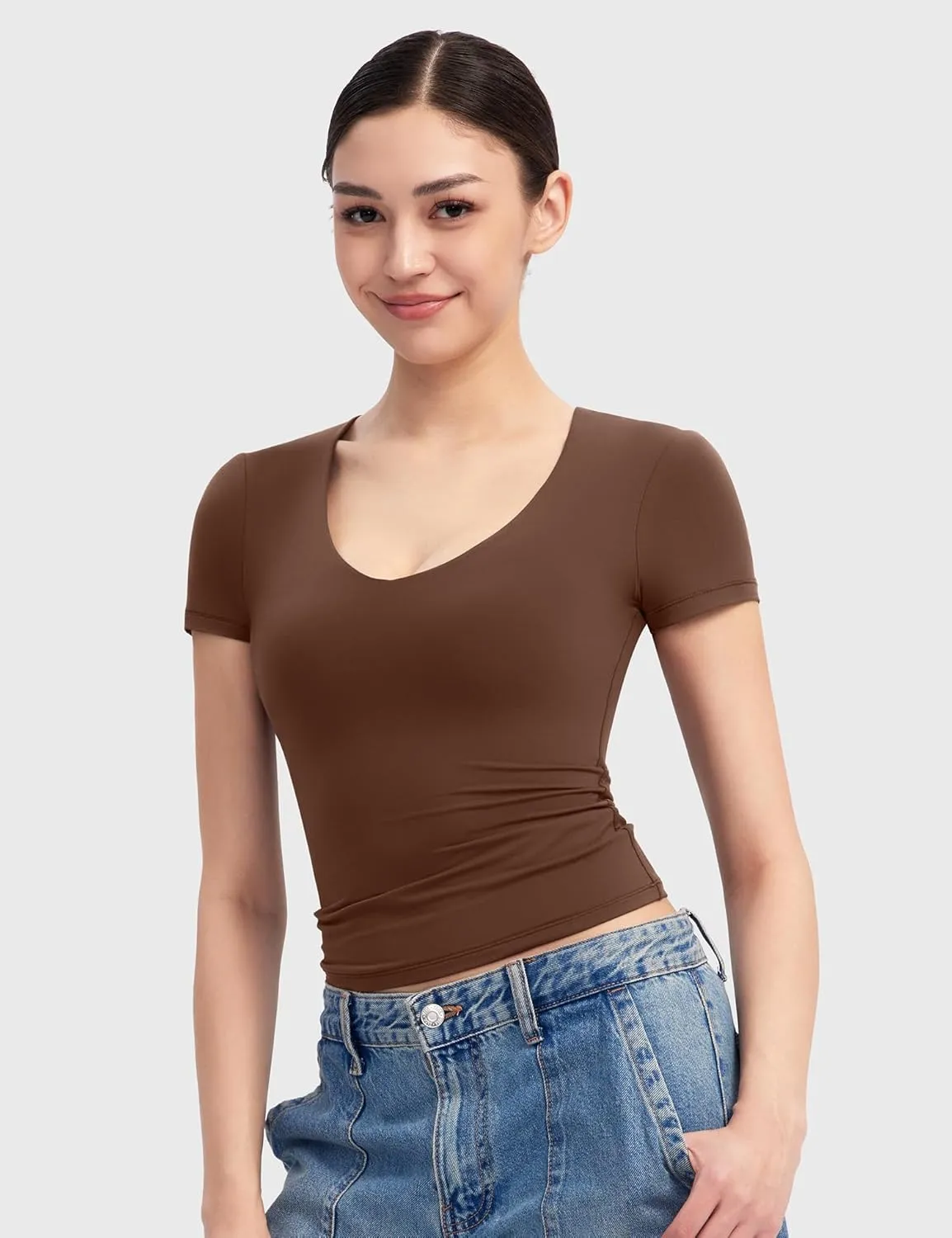 PUMIEY Women's V Neck Short Sleeve T Shirts Slim Fit Going Out Tops Sexy Basic Tee Sharp Collection
