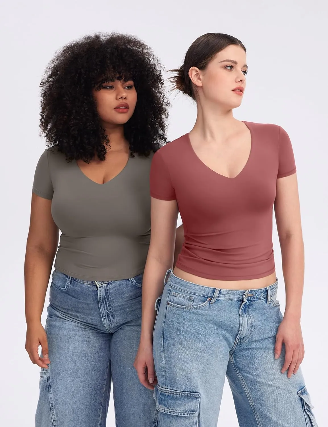 PUMIEY Women's V Neck Short Sleeve T Shirts Slim Fit Going Out Tops Sexy Basic Tee Sharp Collection