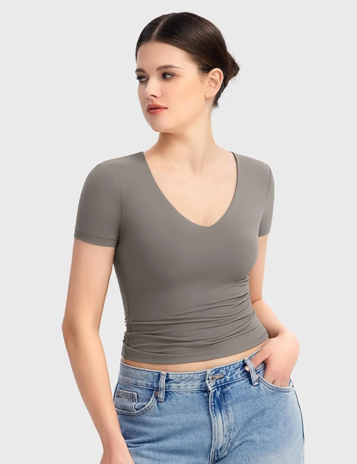 PUMIEY Women's V Neck Short Sleeve T Shirts Slim Fit Going Out Tops Sexy Basic Tee Sharp Collection