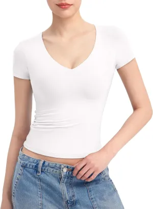 PUMIEY Women's V Neck Short Sleeve T Shirts Slim Fit Going Out Tops Sexy Basic Tee Sharp Collection