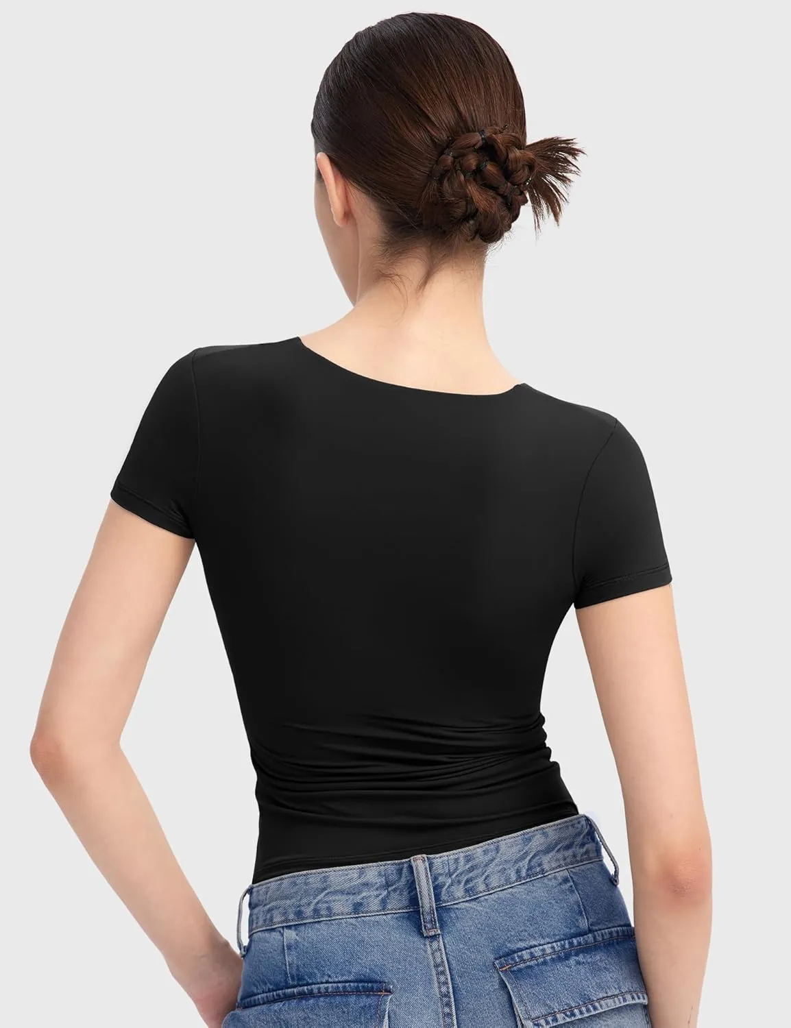 PUMIEY Women's V Neck Short Sleeve T Shirts Slim Fit Going Out Tops Sexy Basic Tee Sharp Collection