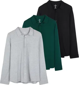 Real Essentials 3-Pack: Men's Classic Style Casual Long Sleeve Button Down Collared Shirt (Available in Big & Tall)