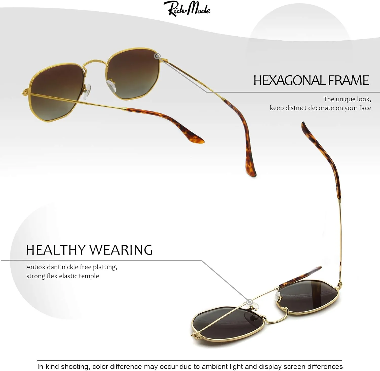 RICH MODE Polarized Hexagon Sunglasses for Women Men Polygon Square Sun Glasses UV400 Protection Metal Frame