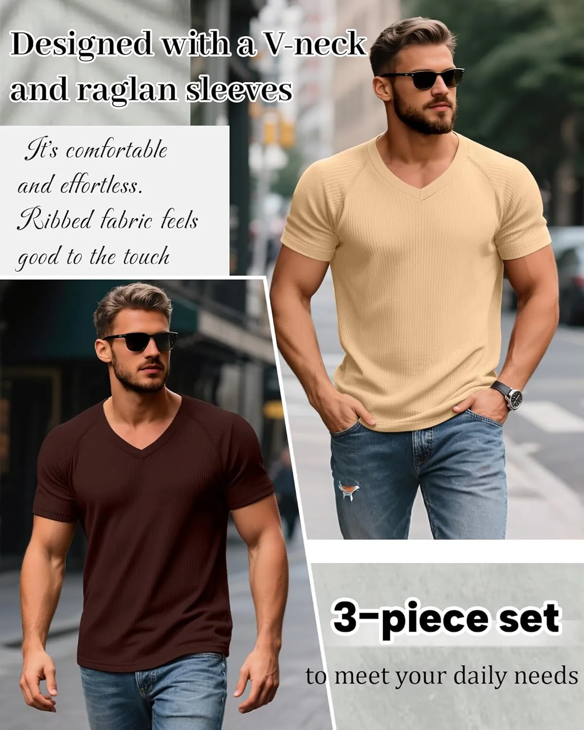 Riyiper 3 Pack Men's Muscle T Shirts Slim Fit Workout Bodybuilding Tees Ribbed Knit Textured V Neck Short Sleeve Tee Shirts