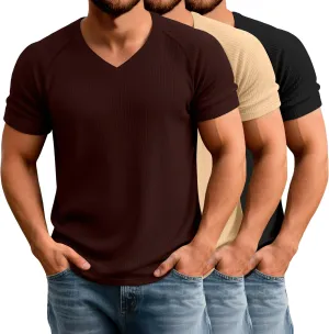 Riyiper 3 Pack Men's Muscle T Shirts Slim Fit Workout Bodybuilding Tees Ribbed Knit Textured V Neck Short Sleeve Tee Shirts