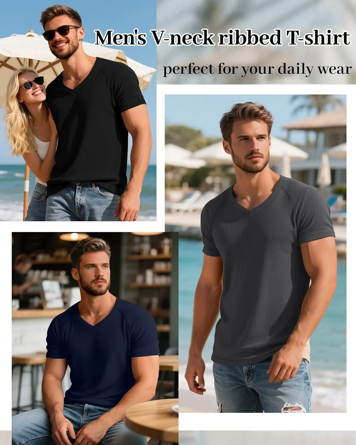 Riyiper 3 Pack Men's Muscle T Shirts Slim Fit Workout Bodybuilding Tees Ribbed Knit Textured V Neck Short Sleeve Tee Shirts