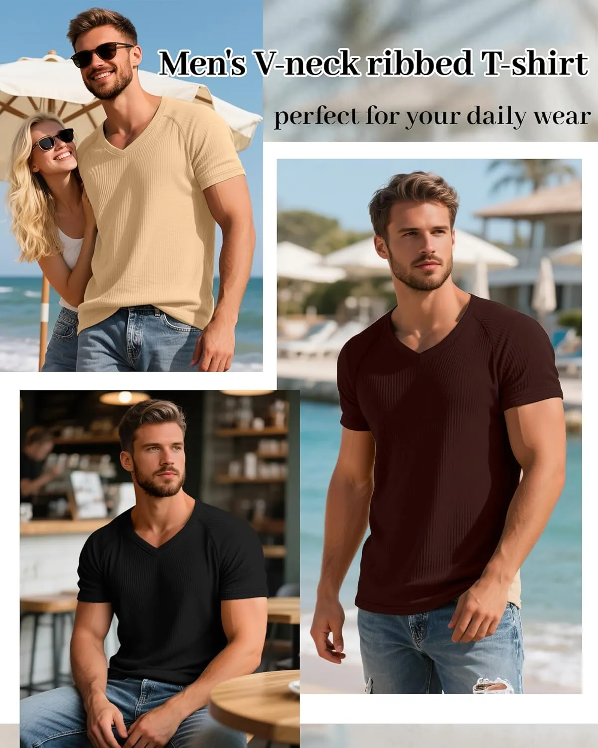 Riyiper 3 Pack Men's Muscle T Shirts Slim Fit Workout Bodybuilding Tees Ribbed Knit Textured V Neck Short Sleeve Tee Shirts