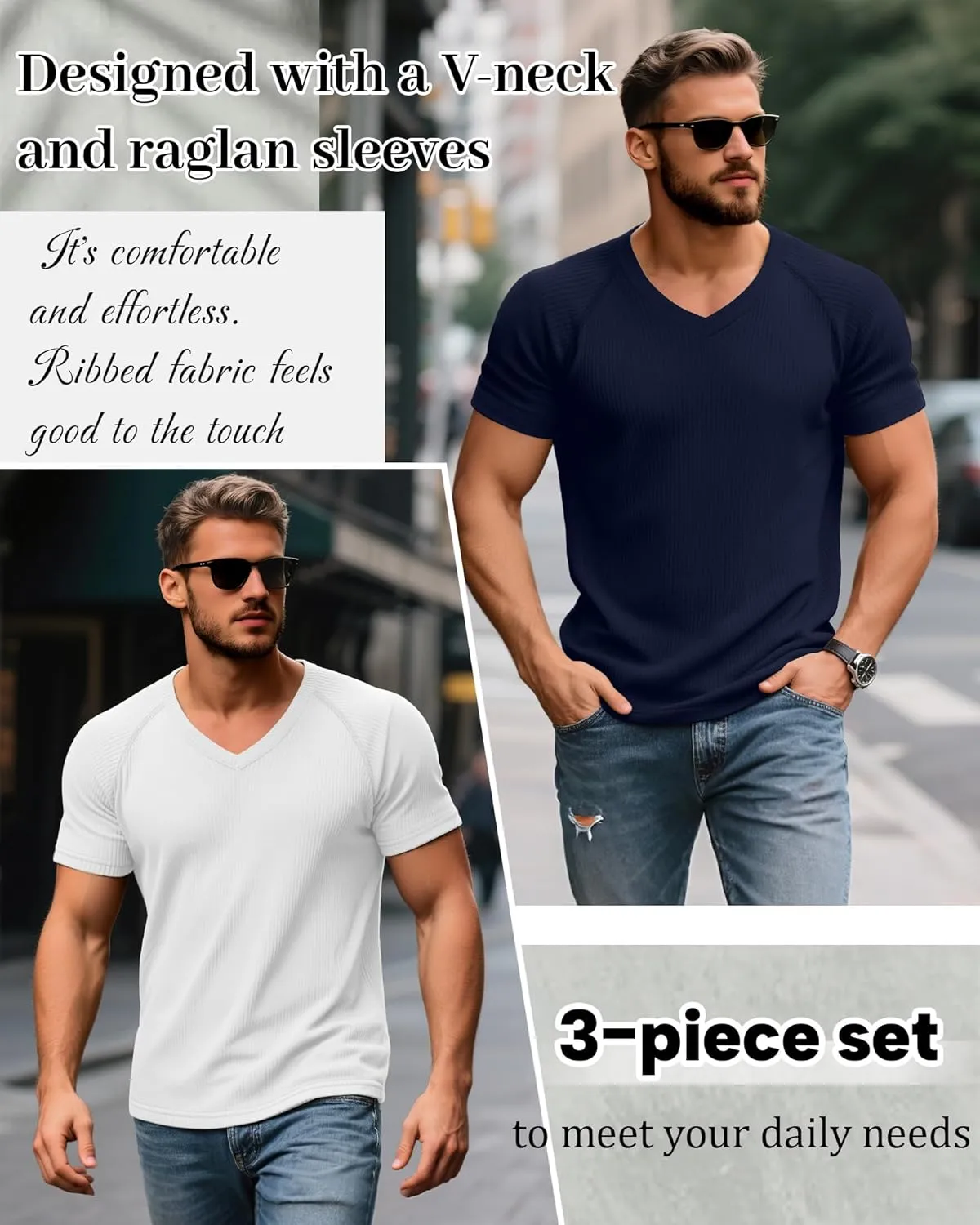 Riyiper 3 Pack Men's Muscle T Shirts Slim Fit Workout Bodybuilding Tees Ribbed Knit Textured V Neck Short Sleeve Tee Shirts