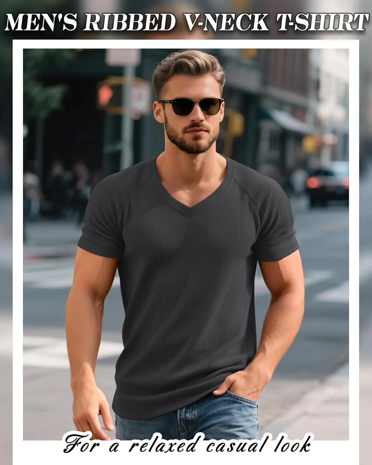 Riyiper 3 Pack Men's Muscle T Shirts Slim Fit Workout Bodybuilding Tees Ribbed Knit Textured V Neck Short Sleeve Tee Shirts