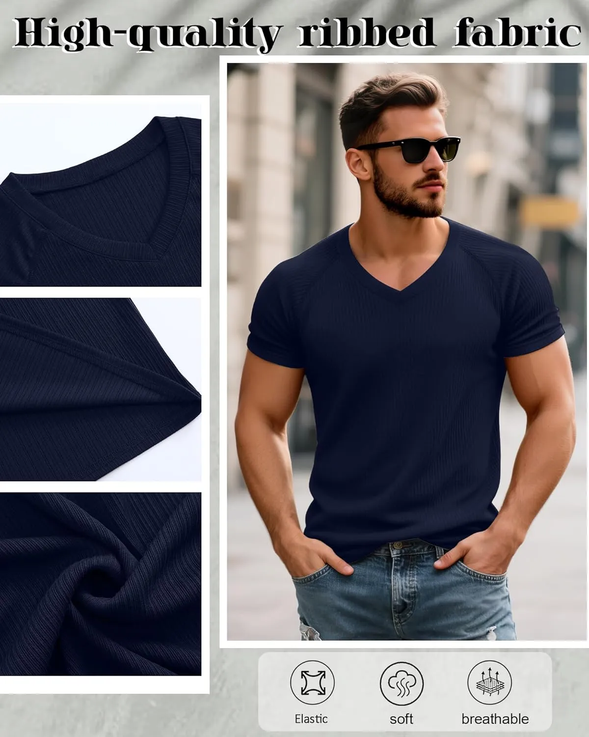 Riyiper 3 Pack Men's Muscle T Shirts Slim Fit Workout Bodybuilding Tees Ribbed Knit Textured V Neck Short Sleeve Tee Shirts