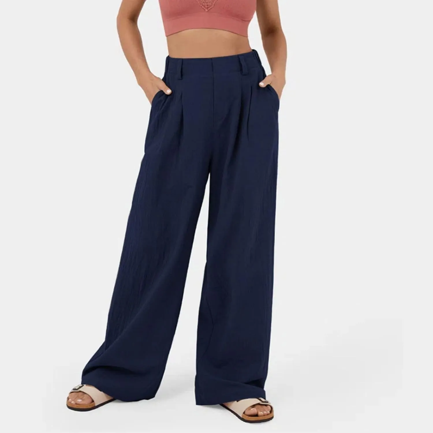 sandbank Women's High-Waisted Wide Leg Cotton Pants Casual Loose Fitted Palazzo Pants 2024 Summer Beach Vacation Wear