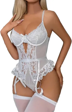 Seductive Lace Lingerie Set Women's Bodysuit Elegant Underwire Teddy with Intricate Floral Design for Alluring