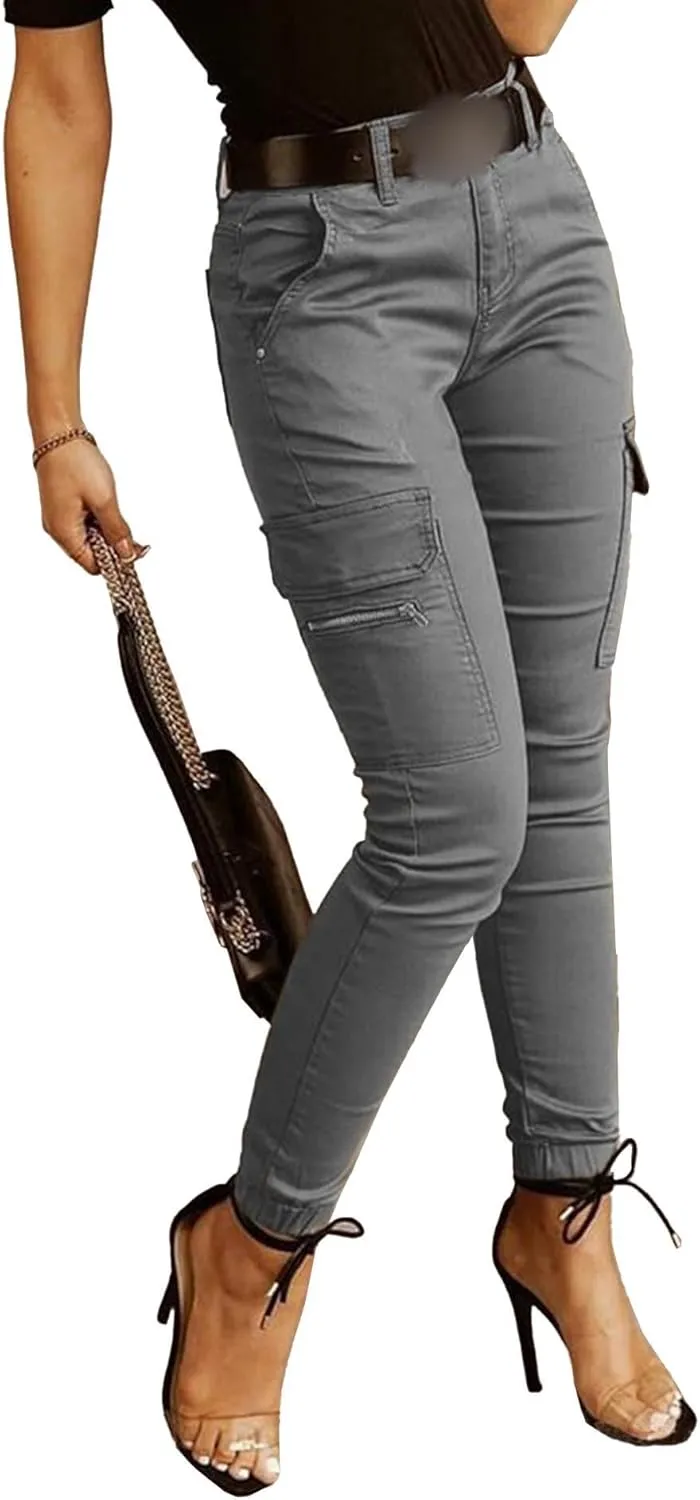SEMATOMALA Women's Multi Pockets Cargo Pants Casual Relaxed-Fit Work Pants Tapered Skinny Slim Fitted Trousers