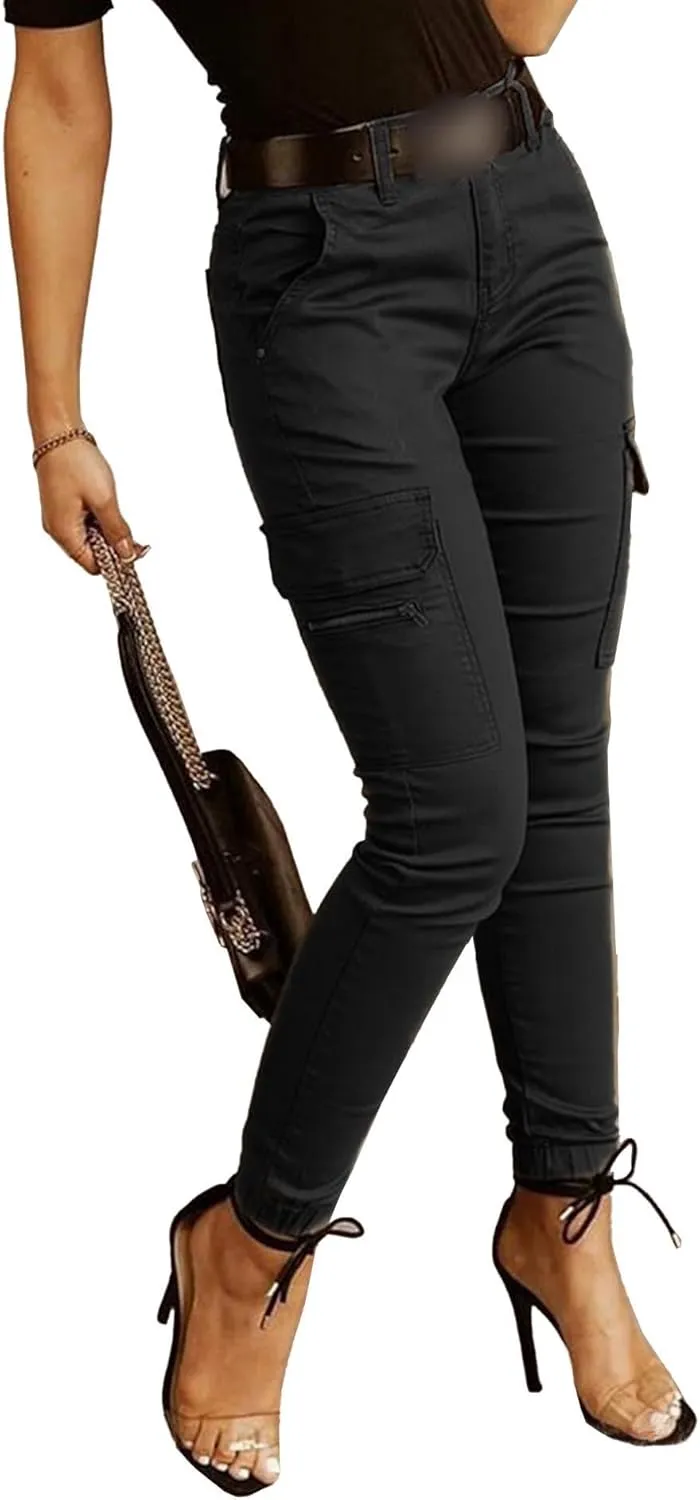 SEMATOMALA Women's Multi Pockets Cargo Pants Casual Relaxed-Fit Work Pants Tapered Skinny Slim Fitted Trousers